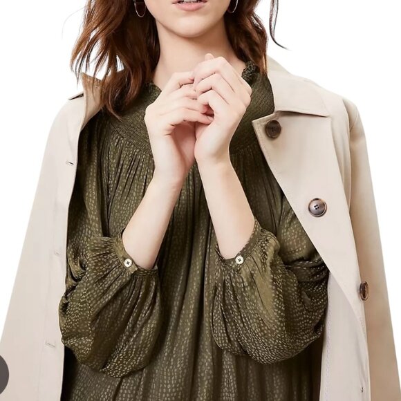 LOFT Green Tiered Smocked Sundress with Long Bishop Sleeves - Picture 2 of 4